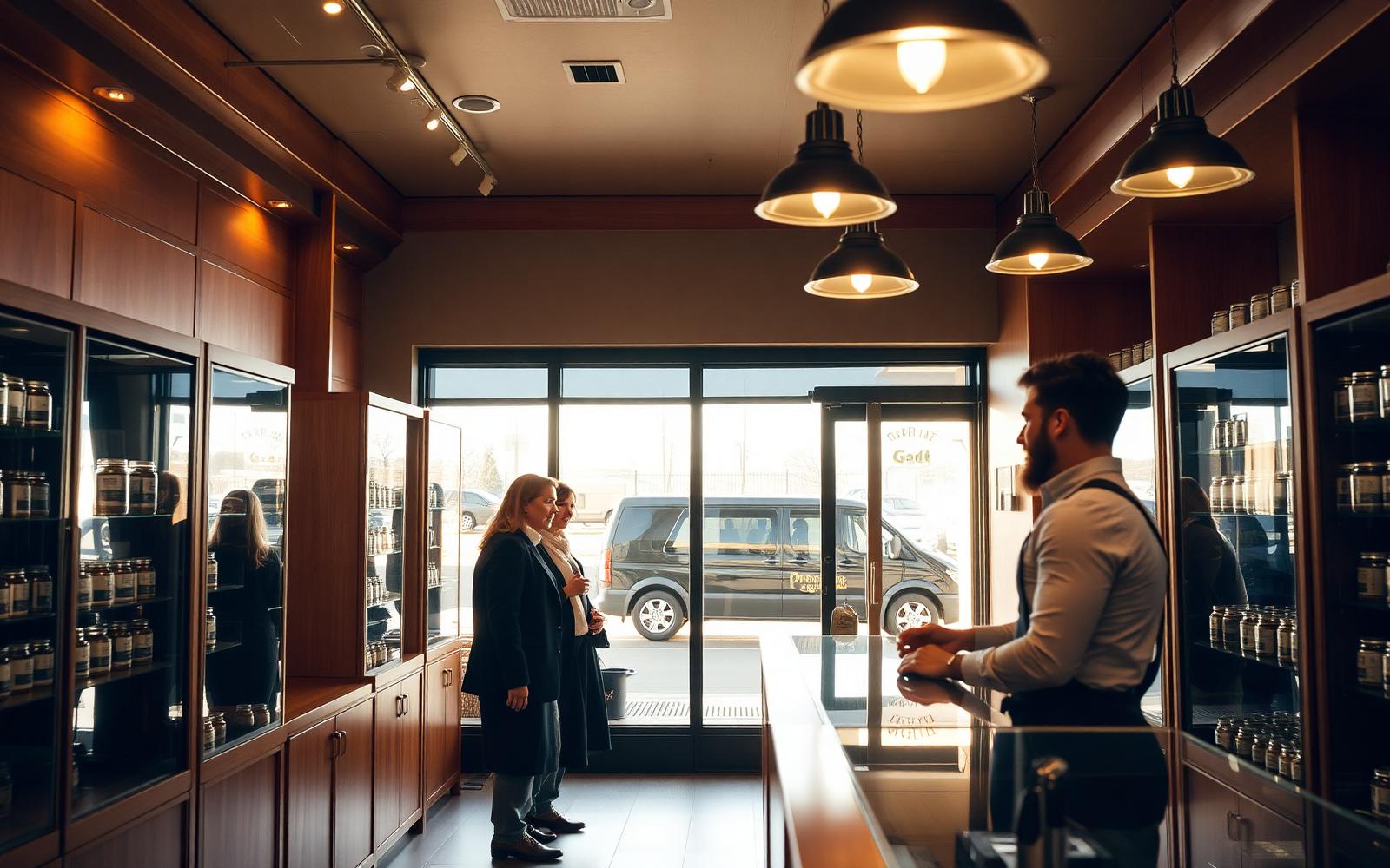 Modern Denver dispensary interior with cannabis displayed in jars