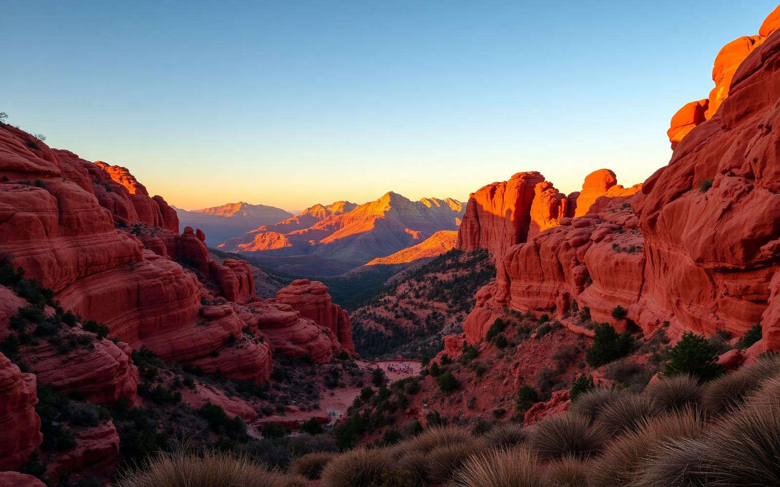 Red Rocks Amphitheatre Colorado at sunset with red sandstone formations