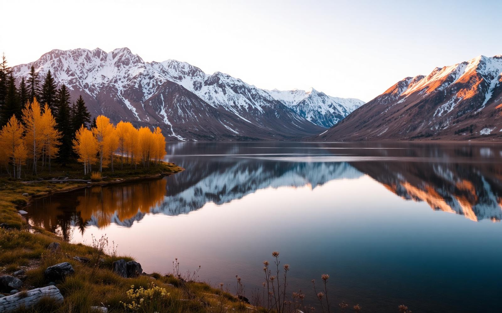 Colorado alpine lake reflecting snow-capped Rocky Mountains and pine forest