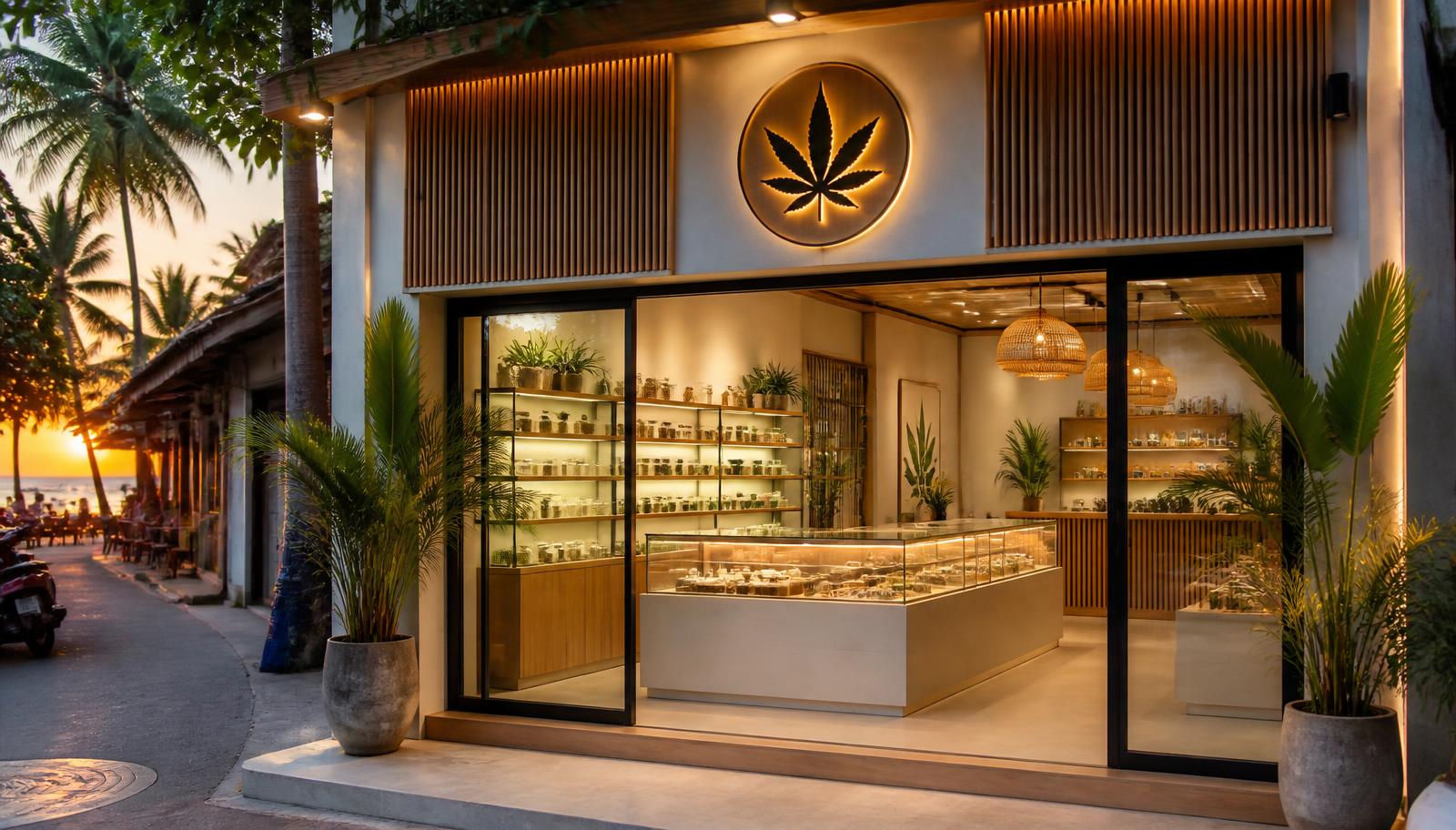 Cannabis dispensary storefront with glass display counters in a Pattaya beach soi at dusk