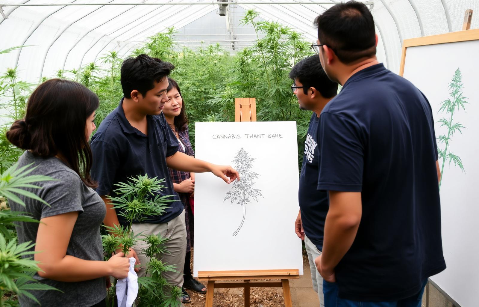 Cannabis educator teaching a small group in a greenhouse