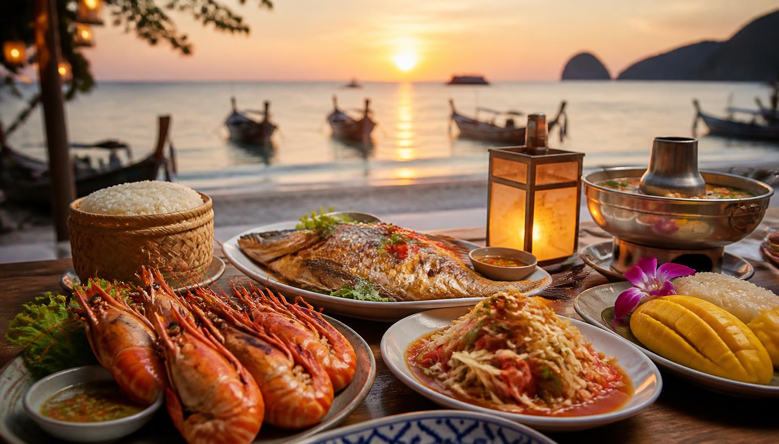 Beachside Thai seafood dinner with grilled prawns, whole fish, som tam, and sticky rice at sunset in Pattaya