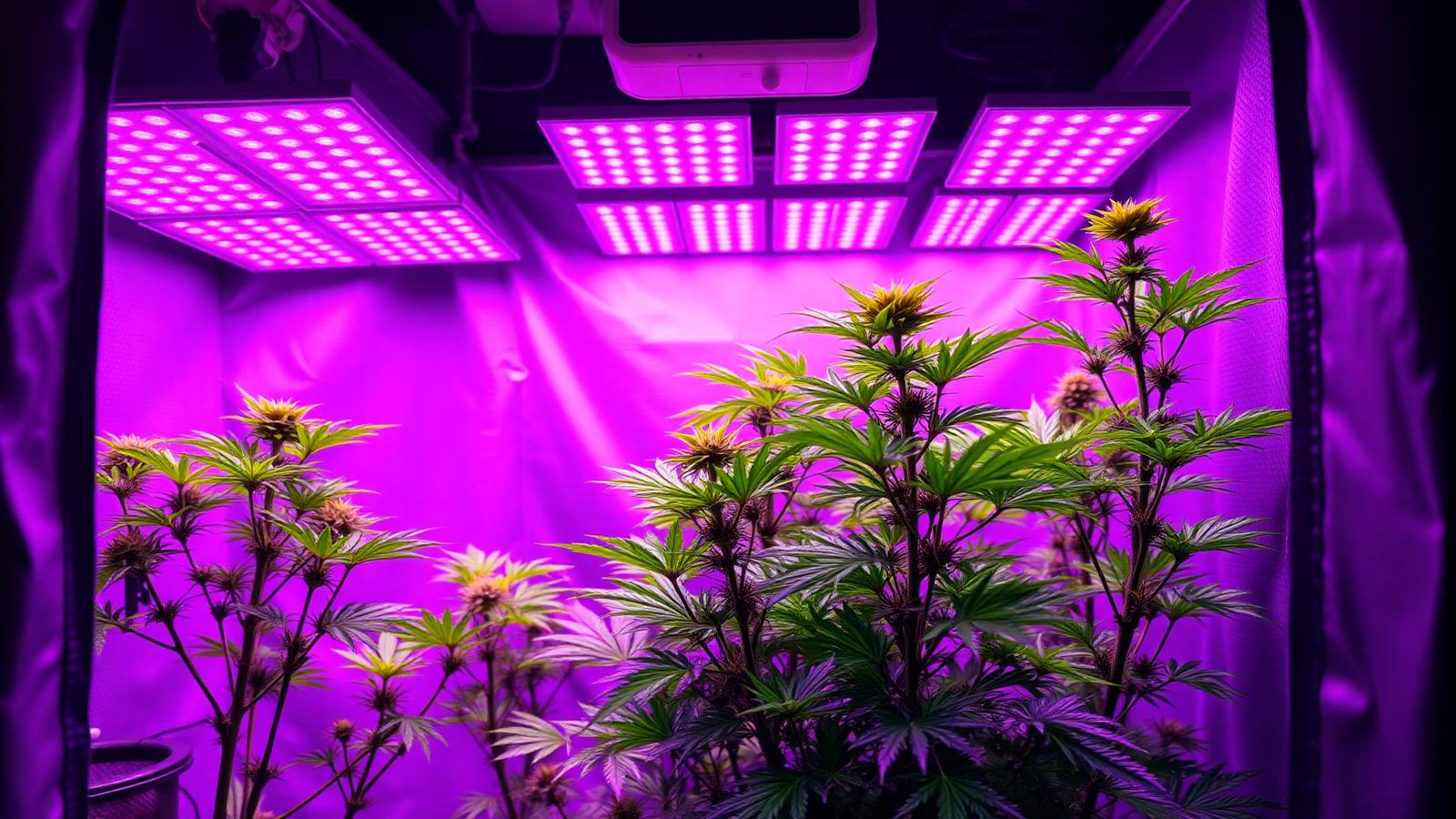 Modern indoor cannabis grow tent with full-spectrum LED panels