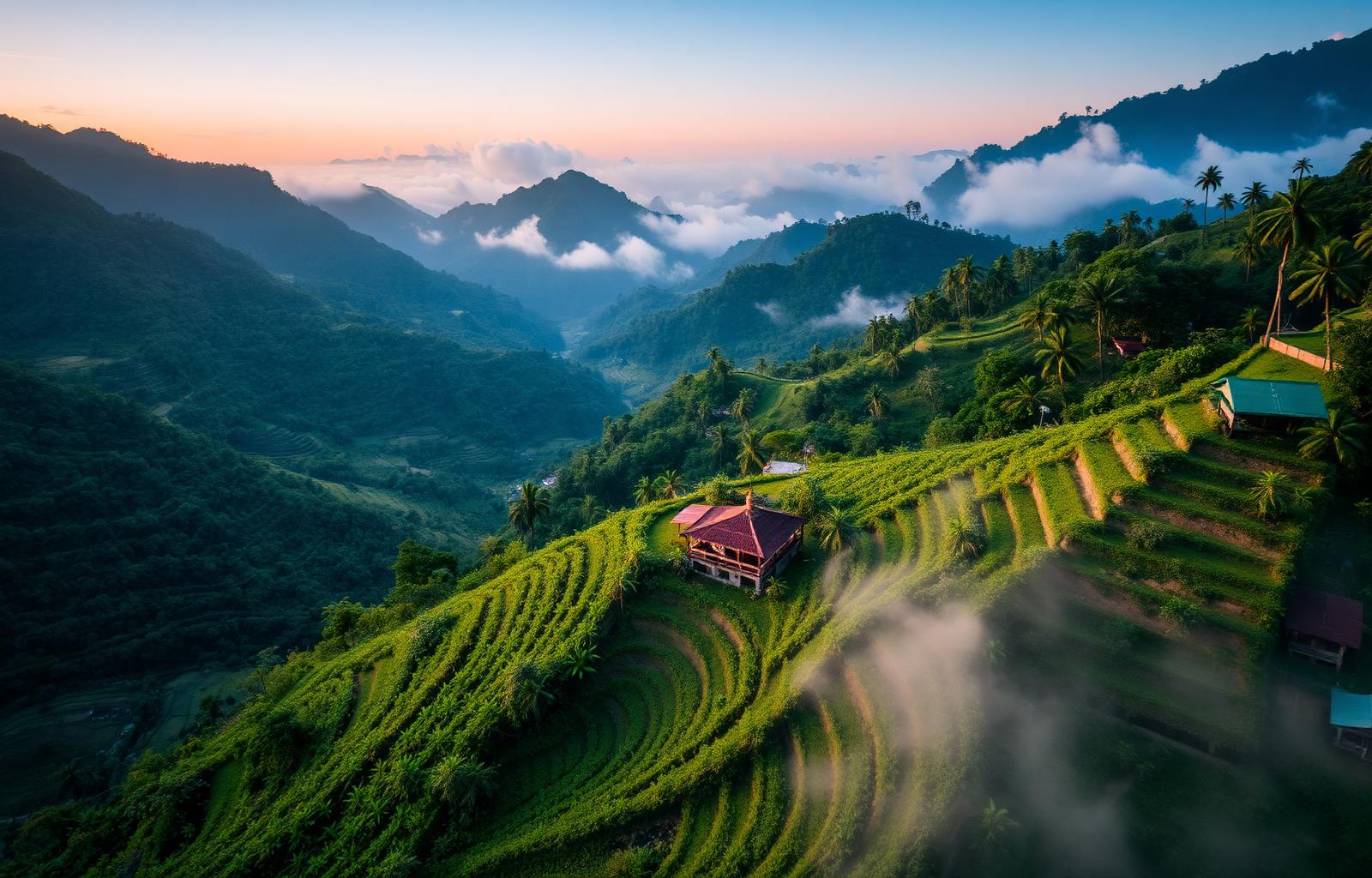 Terraced cannabis farm in the Thai mountains at sunrise