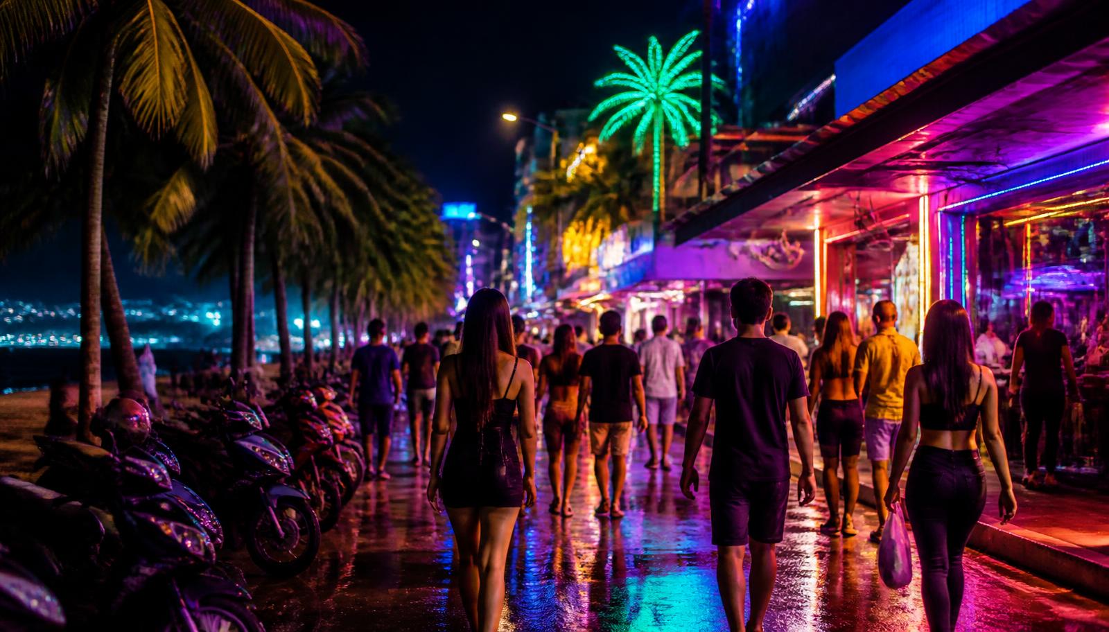 Neon-lit Pattaya beachfront street at night with palm trees, bars, and crowds walking