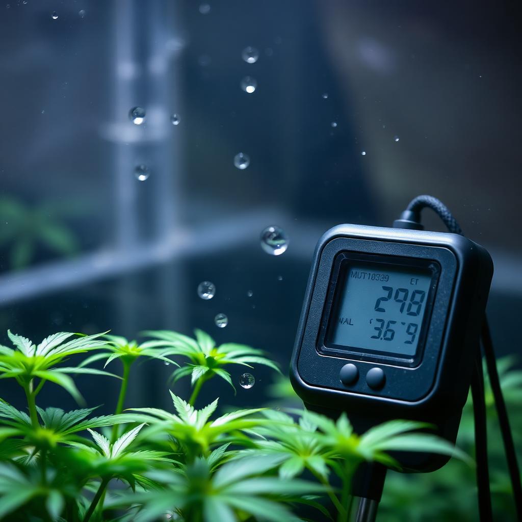 Humidity monitor next to young cannabis seedlings