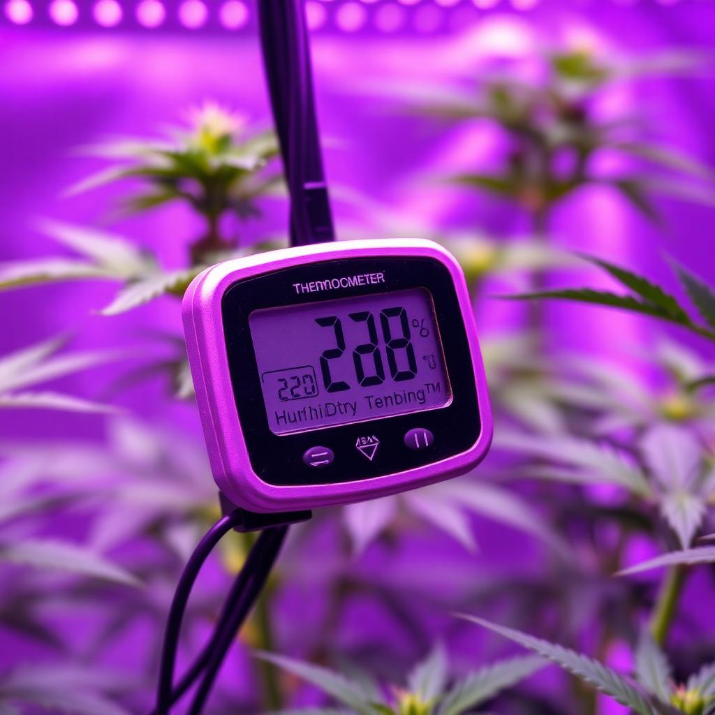Digital thermometer hygrometer mounted inside a cannabis grow tent