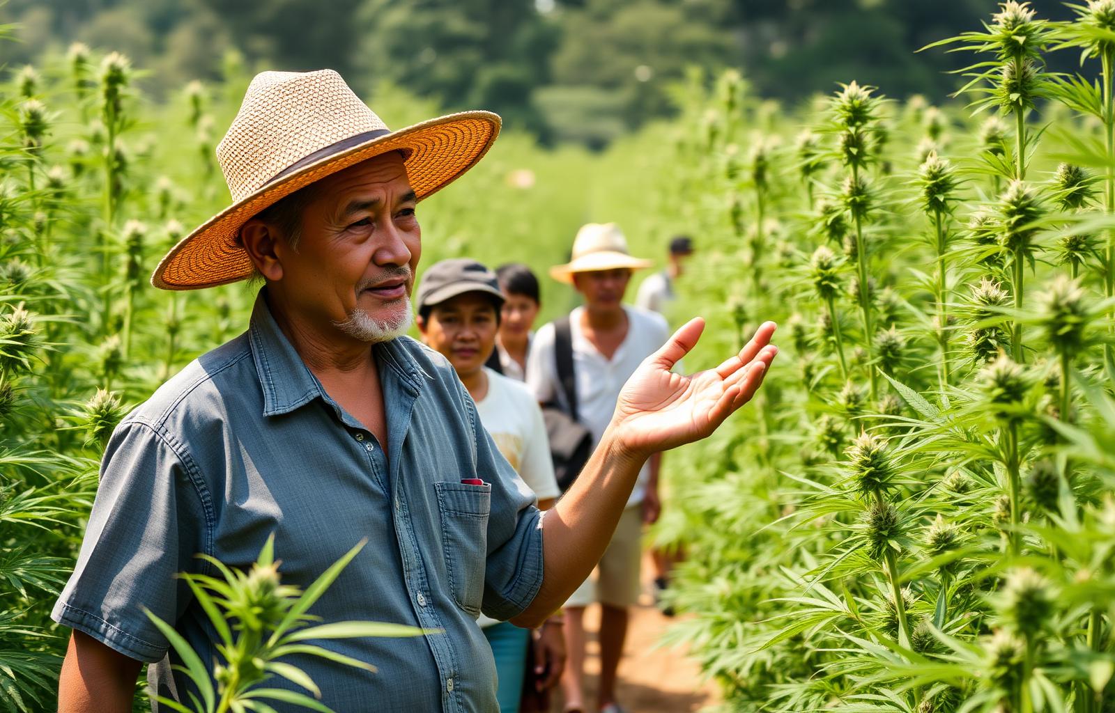 Thai farmer guiding visitors through a cannabis farm