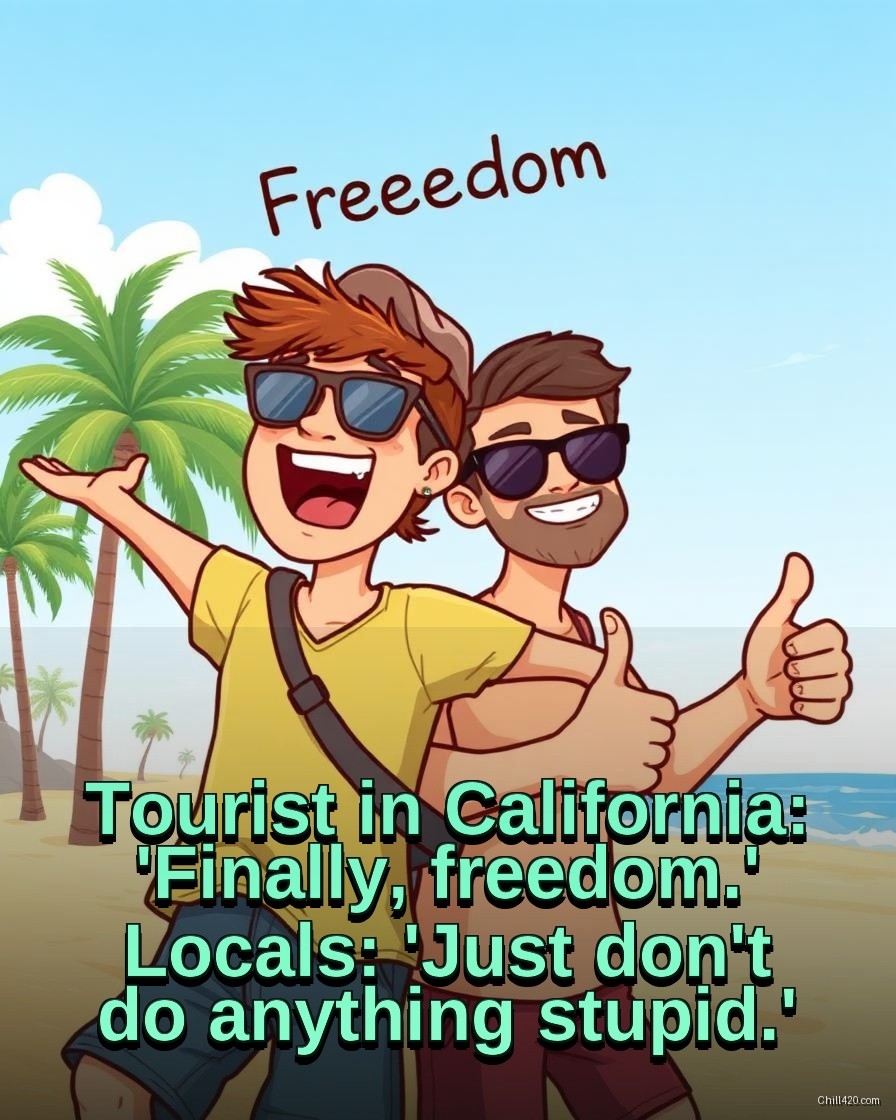 Tourist celebrating freedom in California while a local gives a calm thumbs-up