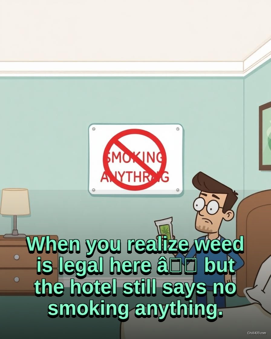 Confused traveler in a hotel room with a no-smoking sign