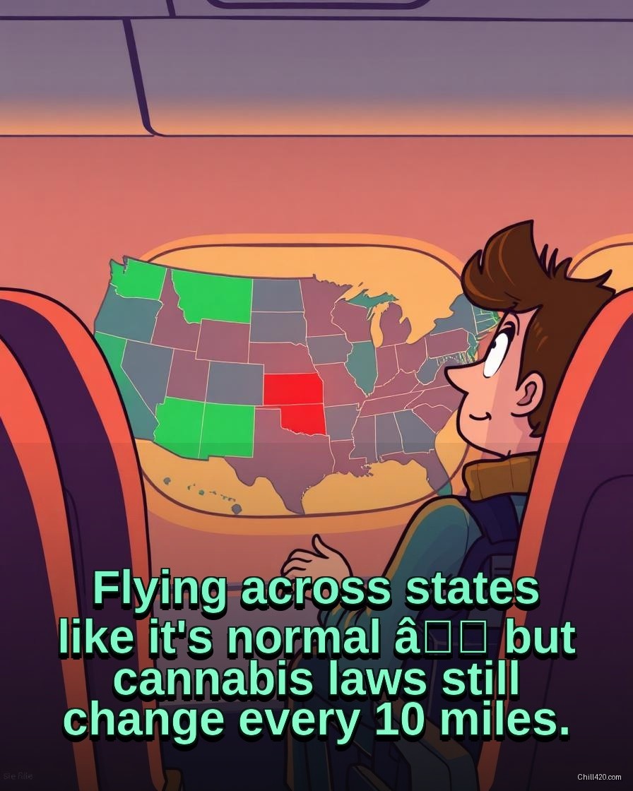 Traveler on plane staring at a U.S. map with mixed legal and illegal states