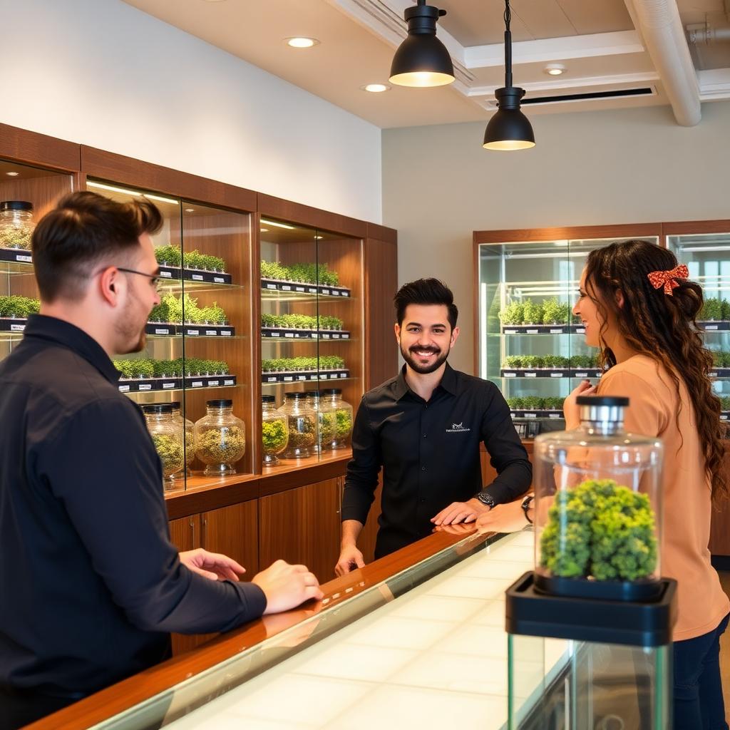 Budtender behind a polished counter at a suburban cannabis dispensary