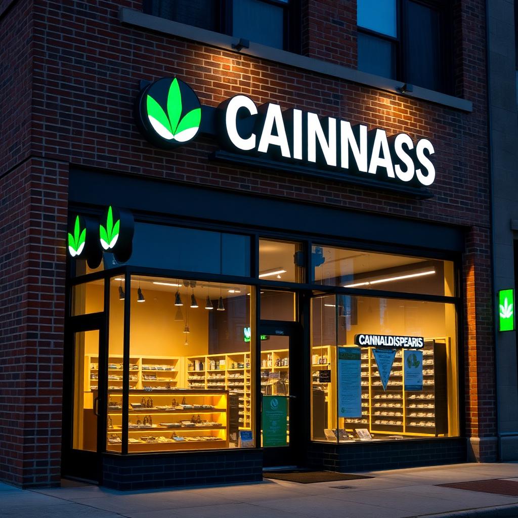 Modern cannabis dispensary storefront at dusk in a Chicago suburb