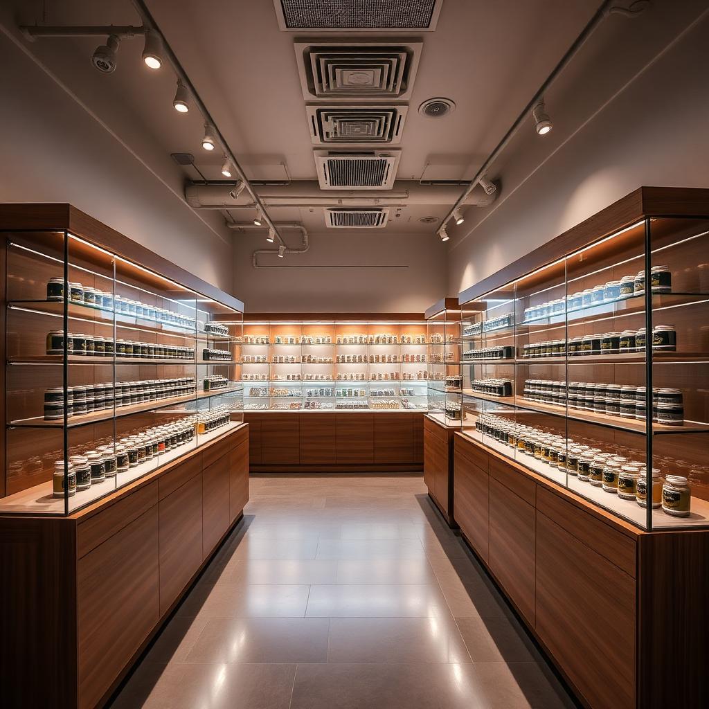 Bright modern cannabis dispensary interior with wood display cases