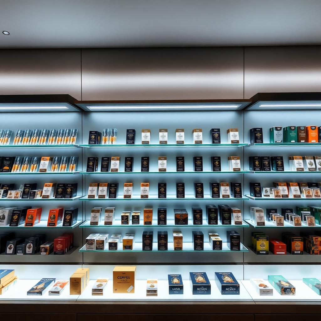 Elegant cannabis dispensary product display wall with backlit shelves